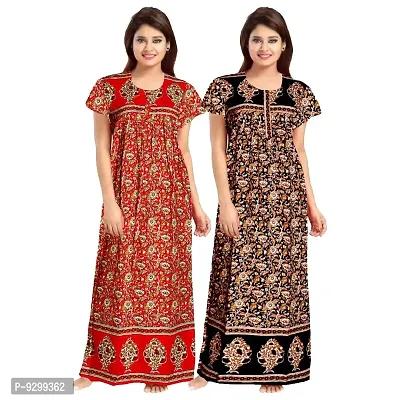 jwf Women's 100% Cotton Printed Regular Maxi Maternity Wear Sleepwear Nighties ( Pack of 2 PCs.) Red-thumb2