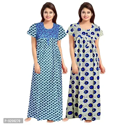 jwf Women's Pure Cotton Block Printed Full Length Sleepwear Nightdresses Blue-thumb3