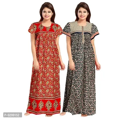 jwf Women's 100% Cotton Block Printed Maxi Maternity Wear Comfort Nightdresses ( Combo Pack of 2 PCs.) Red-thumb0