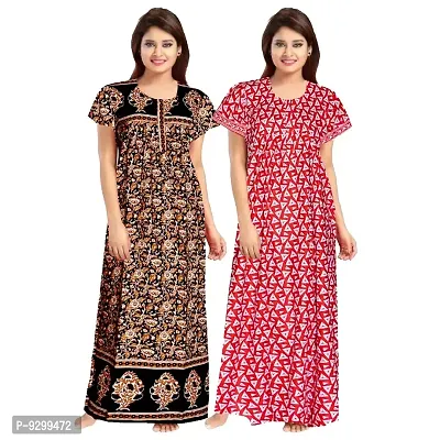 jwf Women's 100% Cotton Printed Attractive Maxi Maternity Wear Comfort Nightdresses ( Combo Pack of 2 PCs.) Black-thumb0