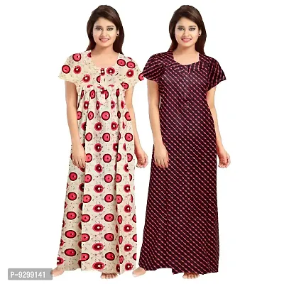 jwf Women's 100% Cotton Printed Regular Maxi Maternity Wear Sleepwear Nightgown ( Pack of 2 PCs.) Red