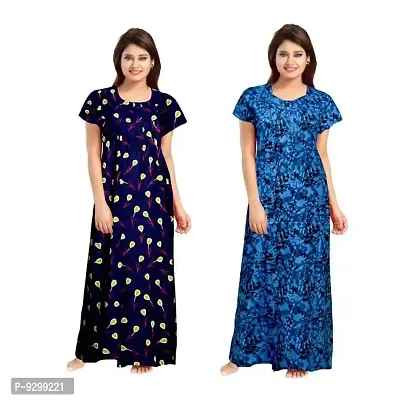 jwf Women's Pure Cotton Block Printed Attractive Maxi Maternity Wear Comfortable Nightdresses ( Combo Pack of 2 PCs.) Blue