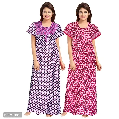 jwf Women's Pure Cotton Block Printed Full Length Sleepwear Nightdresses Pink