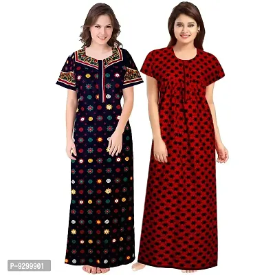 jwf Women's Pure Cotton Printed Regular Maxi Maternity Wear Sleepwear Nightgown ( Pack of 2 PCs.) Blue-thumb2