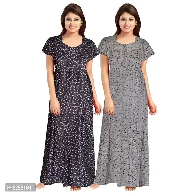 jwf Women Floral Print Nighty Free Size with Front Zip Regular Cotton Night Gown Night Dress Nighty Combo Maxi (Pack of 2)