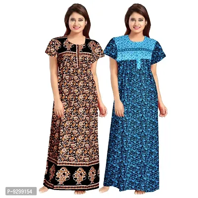 jwf Women's 100% Cotton Block Printed Maxi Maternity Wear Comfort Nightdresses ( Combo Pack of 2 PCs.) Black