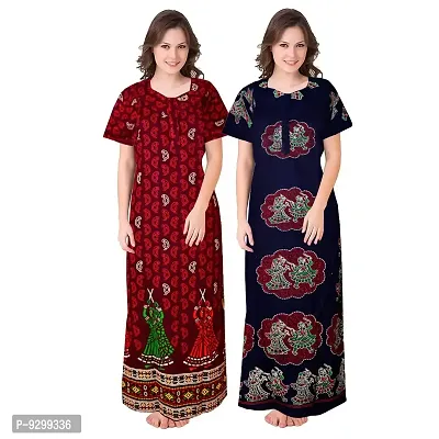 jwf Ladies 100% Cotton Jaipuri Block Prints Nighty and Nightdresses Nighty (Combo Pack of 2 Pcs) Maroon-thumb2