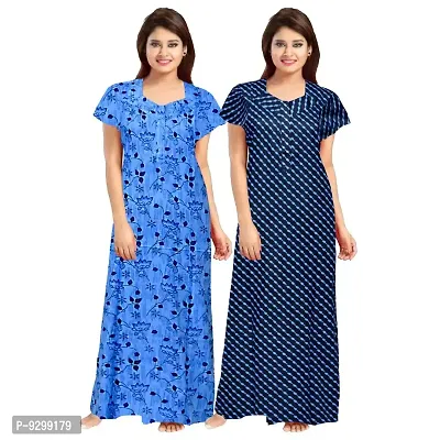 jwf Women's 100% Cotton Printed Regular Maxi Maternity Wear Sleepwear Nighties ( Pack of 2 PCs.) Blue-thumb0