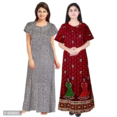 jwf Women's Cotton Printed Attractive Maternity Wear Comfortable Maxi Nightdresses ( Combo Pack of 2 PCs.) Maroon-thumb0