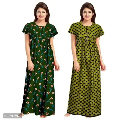 jwf Ladies 100% Cotton Jaipuri Hand Prints Nighty and Nightdresses Nighty (Combo Pack of 2 Pcs) Green-thumb0