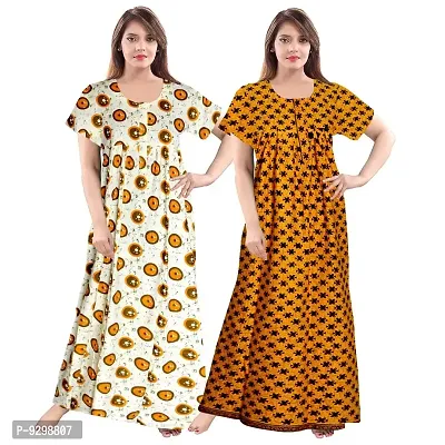 jwf Women's Pure Cotton Printed Full Length Front Zipper Comfortable Maxi Nightdresses ( Pack of 2 PCs.)-thumb0