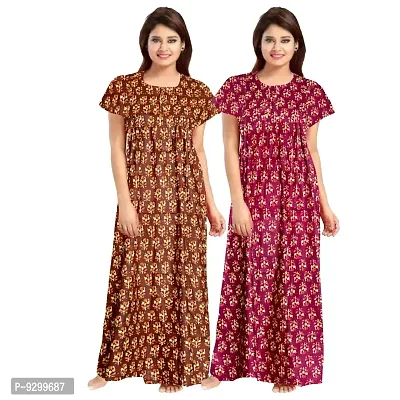 jwf Women's Cotton Printed Night Dress Maxi Gown Nighties Nighty Nightwear Inner  Sleepwear (Combo Pack of 2)-thumb0