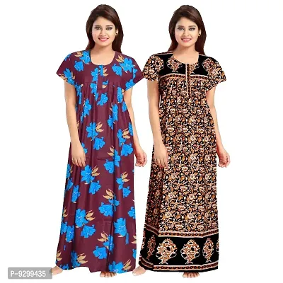 jwf Ladies 100% Cotton Block Prints Nightgown Maxi Nightdress Nighty (Combo Pack of 2 Pcs) Black-thumb3