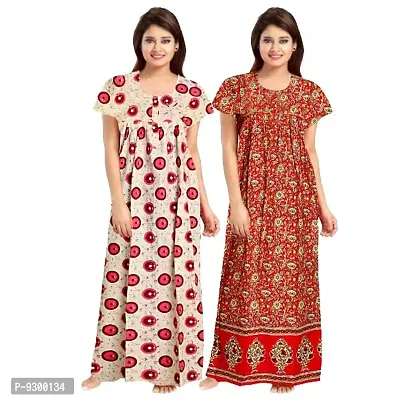 jwf Women's 100% Cotton Block Printed Attractive Maxi Maternity Wear Comfortable Nightdresses ( Combo Pack of 2 PCs.) Red-thumb0