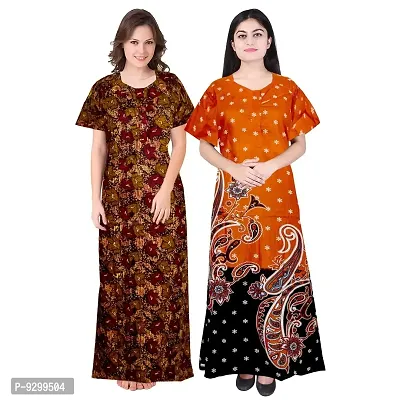 jwf Women's 100% Cotton Block Printed Maternity Wear Full Length Nightdresses Orange-thumb2