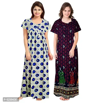 jwf Ladies 100% Cotton Jaipuri Block Prints Nighty and Nightdresses Nighty (Combo Pack of 2 Pcs) Blue-thumb3