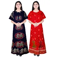 jwf Ladies 100% Cotton Block Prints Nightgown Maxi Nightdress Nighty (Combo Pack of 2 Pcs) Red-thumb1