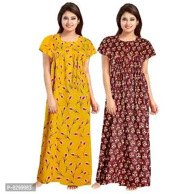 jwf Women's Wear Pure Cotton Block Printed Nighty (Combo Pack of 2 Pieces) Yellow-thumb3