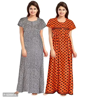 jwf Ladies 100% Cotton Block Prints Nightgown Maxi Nightdress Nighty (Combo Pack of 2 Pcs) Grey-thumb0