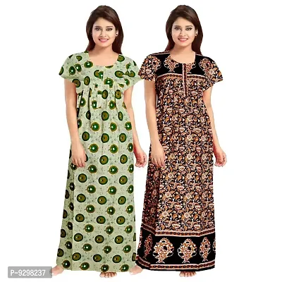 jwf Women Floral Print Nighty Free Size with Front Zip Regular Cotton Night Gown Night Dress Nighty Combo Maxi (Pack of 2) Black,Blue