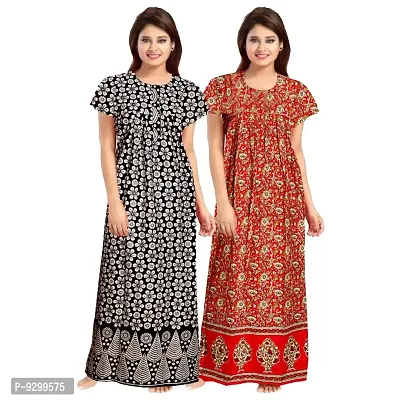 jwf Women's Cotton Printed Night Dress Maxi Gown Nighties Nighty Nightwear Inner  Sleepwear (Combo Pack of 2)