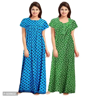 jwf Women's 100% Cotton Printed Regular Maxi Maternity Wear Sleepwear Nightdresses ( Pack of 2 PCs.) Blue-thumb0