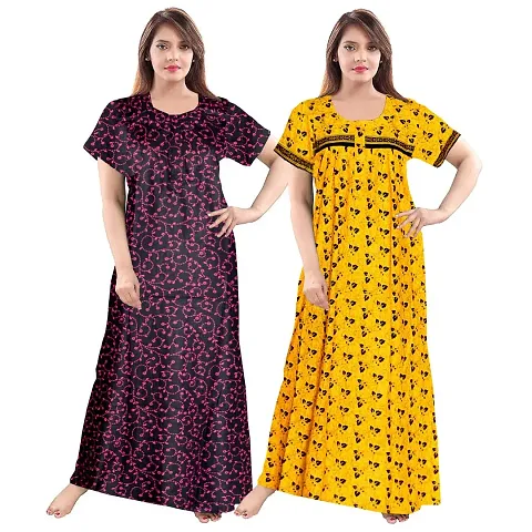 jwf Women's Pure Cotton Printed Full Length Front Zipper Attractive Maxi Nightdresses ( Pack of 2 PCs.)