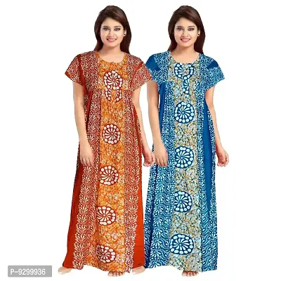 jwf Women's Pure Cotton Printed Nightdresses (Pack of 2) Blue