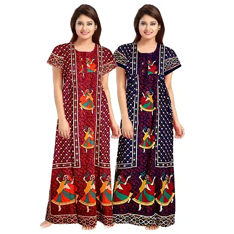 jwf Women's Pure Cotton Regular Jaipuri Maxi Nightdress (Multicolor, Free Size)