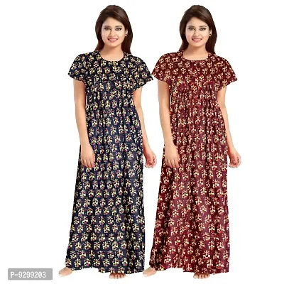 jwf Women's Half Sleeves Cotton Floral Print ZMaxi/Nighty/Night Dress|Nightwear for Womens (Combo of 2)