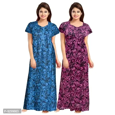 jwf Women's Half Sleeves Cotton Floral Print ZMaxi/Nighty/Night Dress|Nightwear for Womens (Combo of 2)