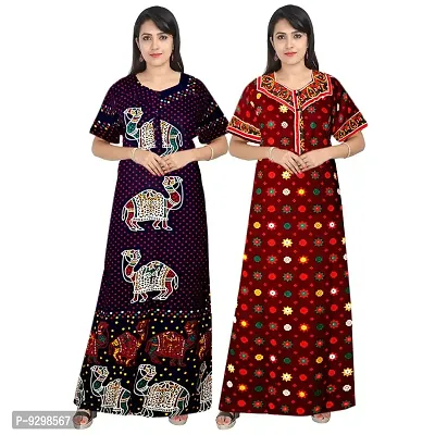 jwf Jaipuri Cotton Printed Maternity Front Zipper Full Length Maxi Nighty Gown (Pack of 2)-thumb0