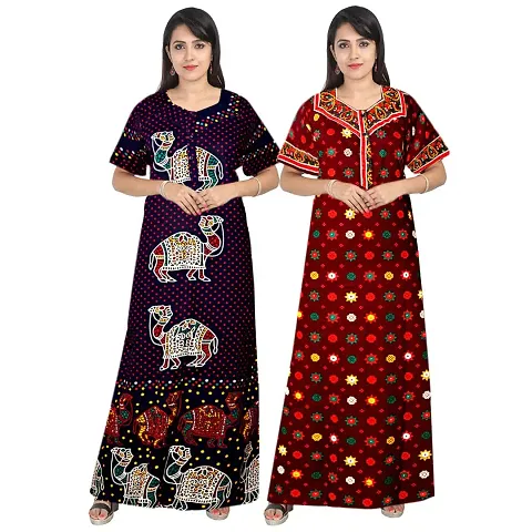 jwf Jaipuri Maternity Front Zipper Full Length Maxi Nighty Gown (Pack of 2)