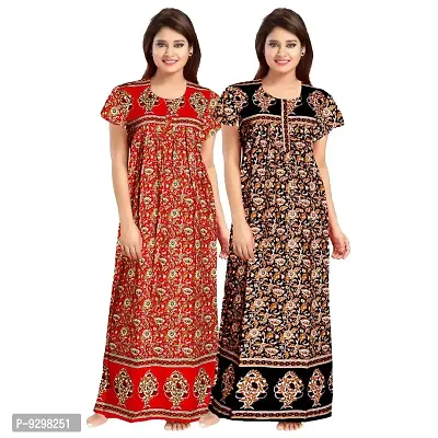 jwf Women Cotton Printed Ankle Length Nighty Maxi Night Gown Combo Pack of 2 ( Women_Nighty_Maxi_for_Women_ Free Size)-thumb0