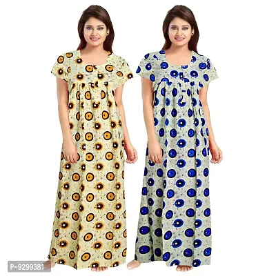 jwf Women's 100% Cotton Block Printed Maternity Wear Full Length Sleepwear Nightdresses Beige