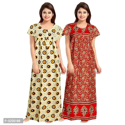 jwf Women Cotton Floral Print Nighty Free Size with Front Zip Regular Night Gown Night Dress Nighty Maxi Beige,Red