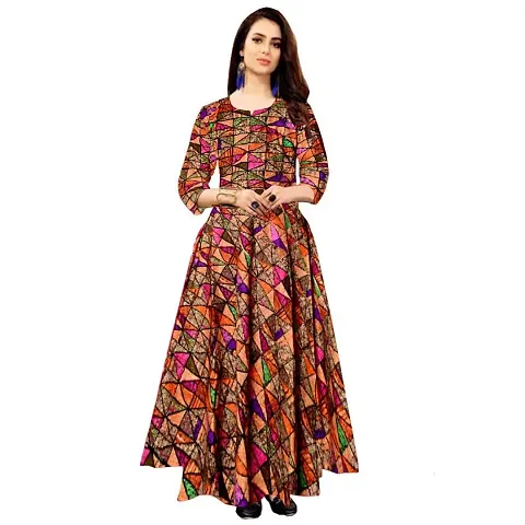 jwf Women's Full Sleeves Fit and Flare Rayon Printed Long Gown (Free Size Upto XXL)