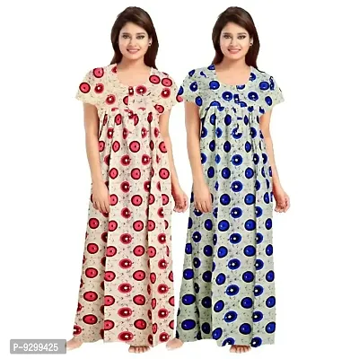 jwf Women's Pure Cotton Block Printed Maternity Wear Full Length Sleepwear Nightdresses Blue