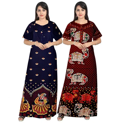 jwf Jaipuri Maternity Front Zipper Full Length Maxi Nighty Gown (Pack of 2)