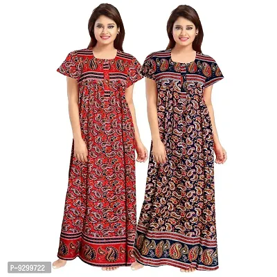 jwf Women's Pure Cotton Block Printed Maxi Maternity Wear Comfortable Nightdresses ( Combo Pack of 2 PCs.) Red