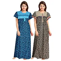 jwf Women's Pure Cotton Block Printed Full Length Sleepwear Nightdresses Brown-thumb1