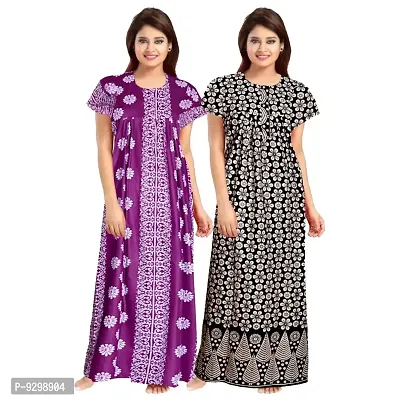 jwf Women's Pure Cotton Printed Maxi Maternity Nightwear, Nightdress Free Size, (Pack of 2) Purple,Black-thumb0