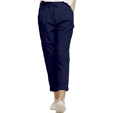 Outer Wear Women Cotton Slim Fitted Elasticated Back Belt Comfort Pant