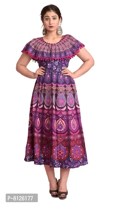 Outer Wear Women's Cotton Blend Jaipuri Kurti Pumfum Attached Frock, Multicolour, XL