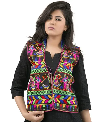 Outerwear Ayam Exports Womens Multicolor Cotton Handmade Traditional Rajasthani Design front Embroidered Kutchi Work Jacket,Option1,Length: 19-20