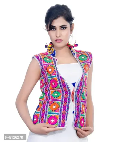 Outerwear Ayam Exports Womens Multicolor Cotton Handmade Traditional Rajasthani Design front Embroidered Kutchi Work Jacket,Option1,Length: 19-20-thumb0