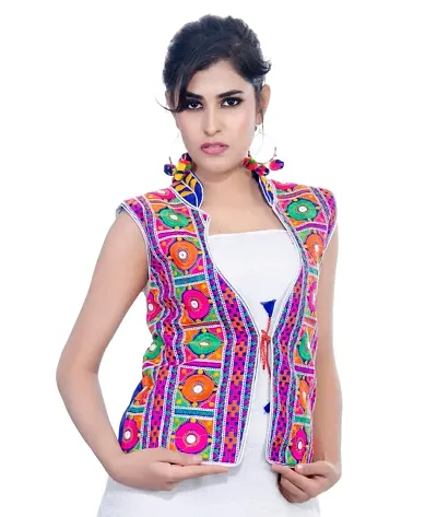 Outerwear Ayam Exports Womens Multicolor Cotton Handmade Traditional Rajasthani Design front Embroidered Kutchi Work Jacket,Option1,Length: 19-20