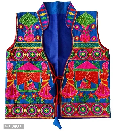 Nandi Unisex Cotton Gujarati Special Embroidered Koti Traditional Embroidery Sleeveless Jacket (Blue, 38)-thumb0