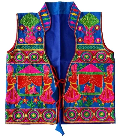 Nandi Unisex Cotton Gujarati Special Embroidered Koti Traditional Embroidery Sleeveless Jacket (Blue, 38)