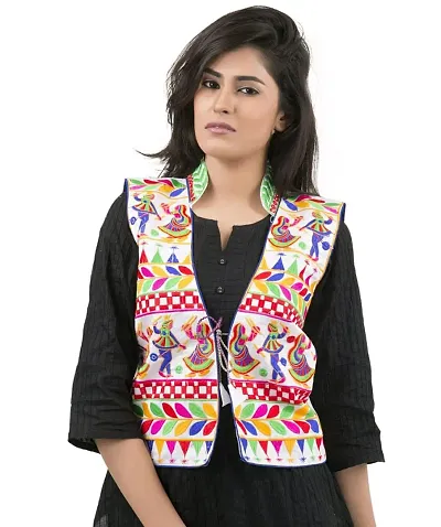 Outerwear Ayam Exports Womens Multicolor Cotton Handmade Traditional Rajasthani Design front Embroidered Kutchi Work Jacket,Option2,Length: 19-20